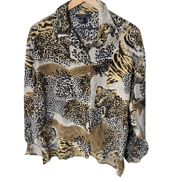 Fu Du Vintage Animal Print Brown and Black Button Down Shirt - Picture 1 of 6